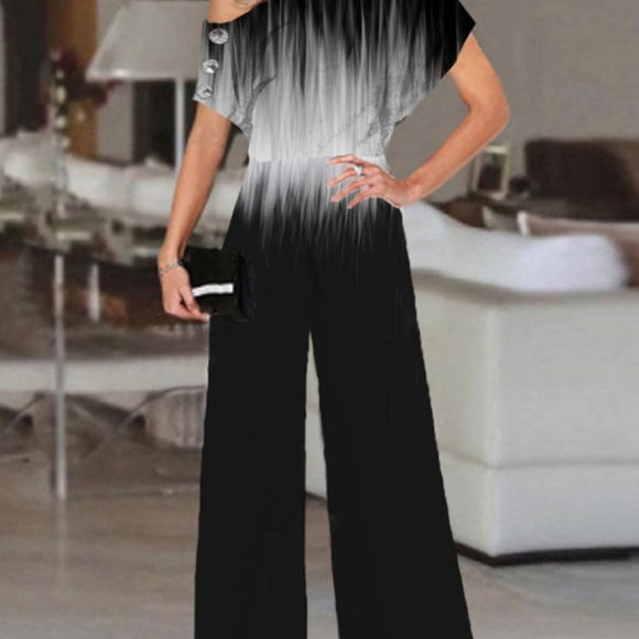 Elegant Straight Wide Leg Pant Jumpsuit Women Casual Loose Short Sleeve Overalls - Picture 2 of 2